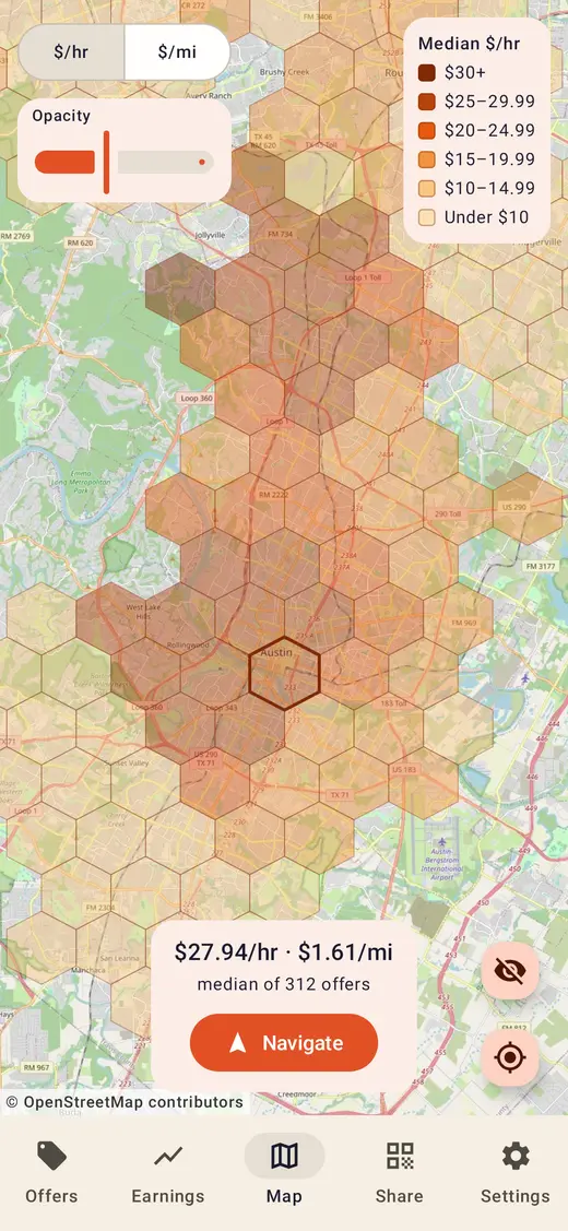 DashFox Map screen: Austin area hexagons shaded by median $/hr; the selected downtown hexagon shows $27.94/hr · $1.61/mi, median of 312 offers, with a Navigate button